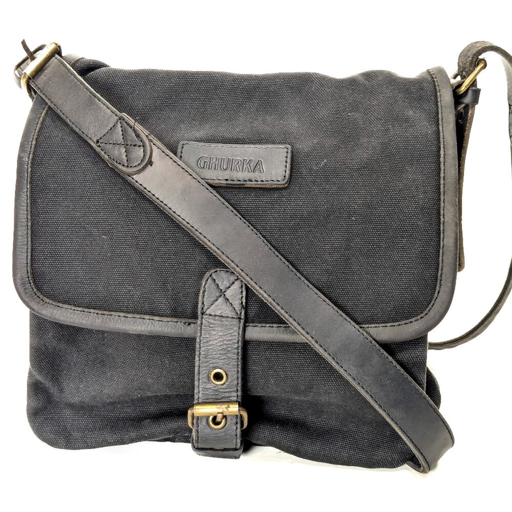 GHURKA Black Denim and Leather Rugged Messenger Crossbody